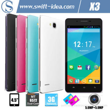 3G 4.5 Inch IPS Mtk6572 Dual Core Smartphones for Sale with 5.0MP Camera (X3)
